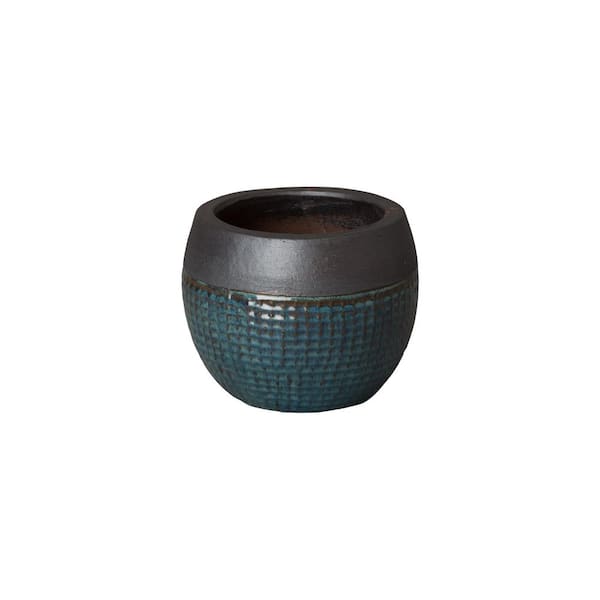 Emissary 11.5 in. Dia Matte Black and Teal Ceramic Net Planter