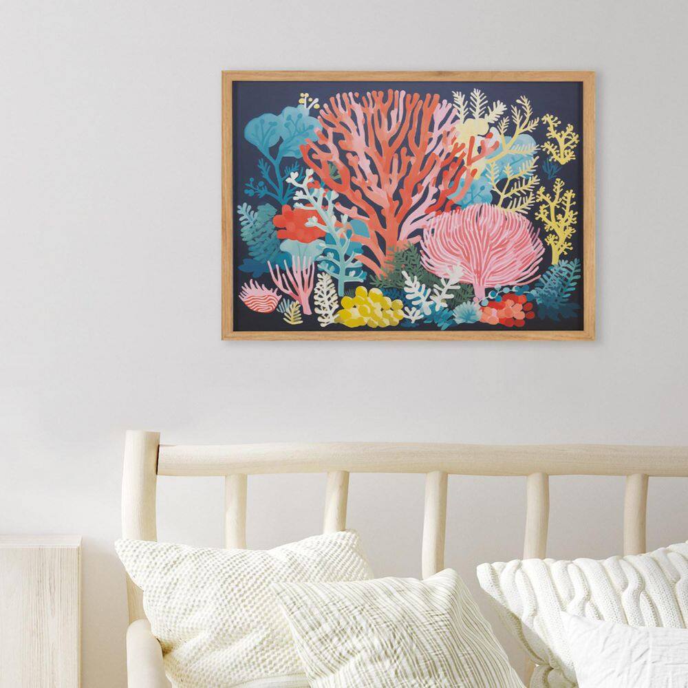 Bright Coral Underwater Ocean Print in Natural Wood Frame