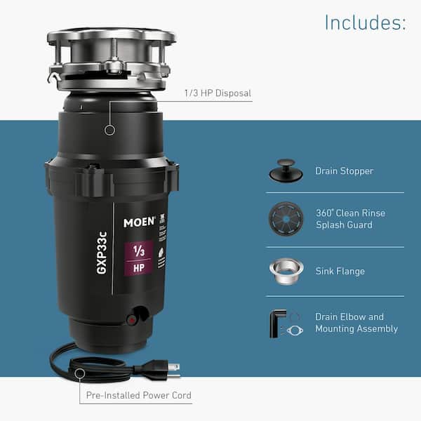 MOEN Lite Series 1/3 HP Continuous Feed Garbage Disposal including Stainless Drain Stopper MOEN Lite Series 1/3 HP Continuous Feed Garbage Disposal including Stainless Drain Stopper