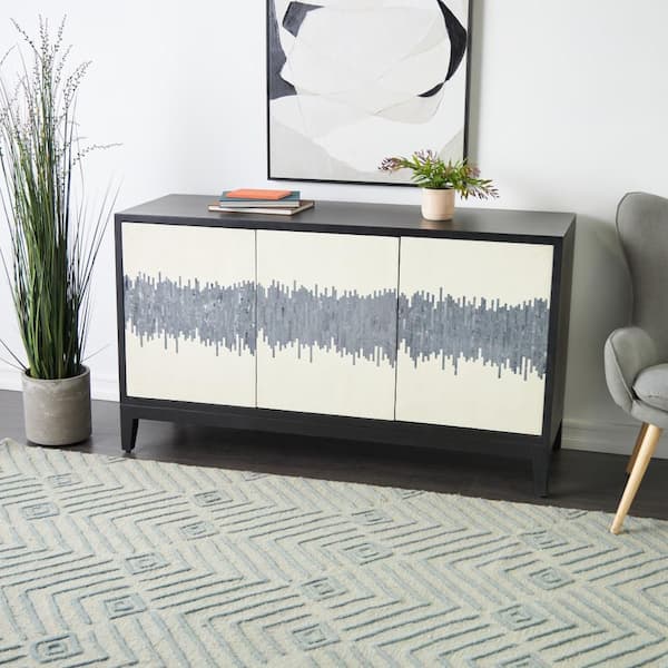 Black Wood 60 in. 3 Door and 3 Shelf Buffet Sideboard with White Front and Blue Striped Pattern