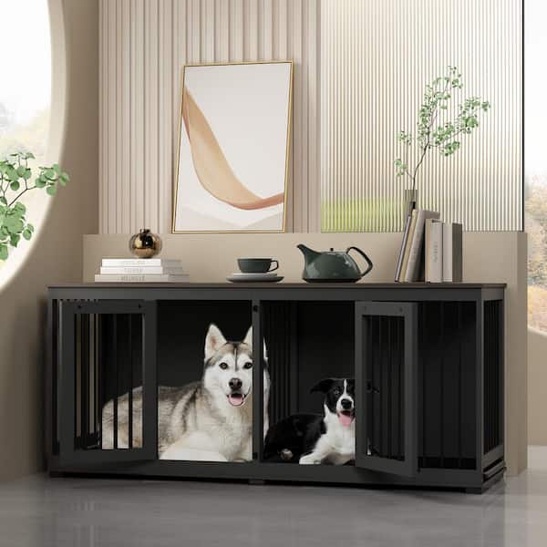 Heavy-Duty Wooden Dog Crate with Trays and Divider for 2 Dogs, XXL Large Dog Crate Furniture for Large Medium Dog, Black