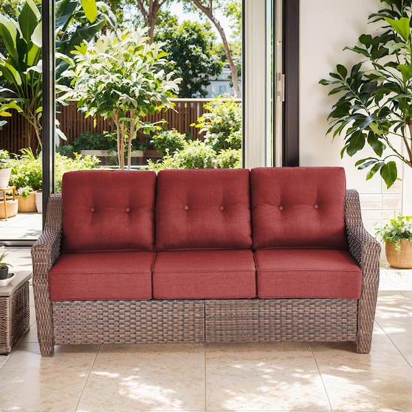 Circle 3-Seat Brown Wicker Outdoor Couch Patio Sofa with High Curvy Back, and 6 in. Thick Red Cushions