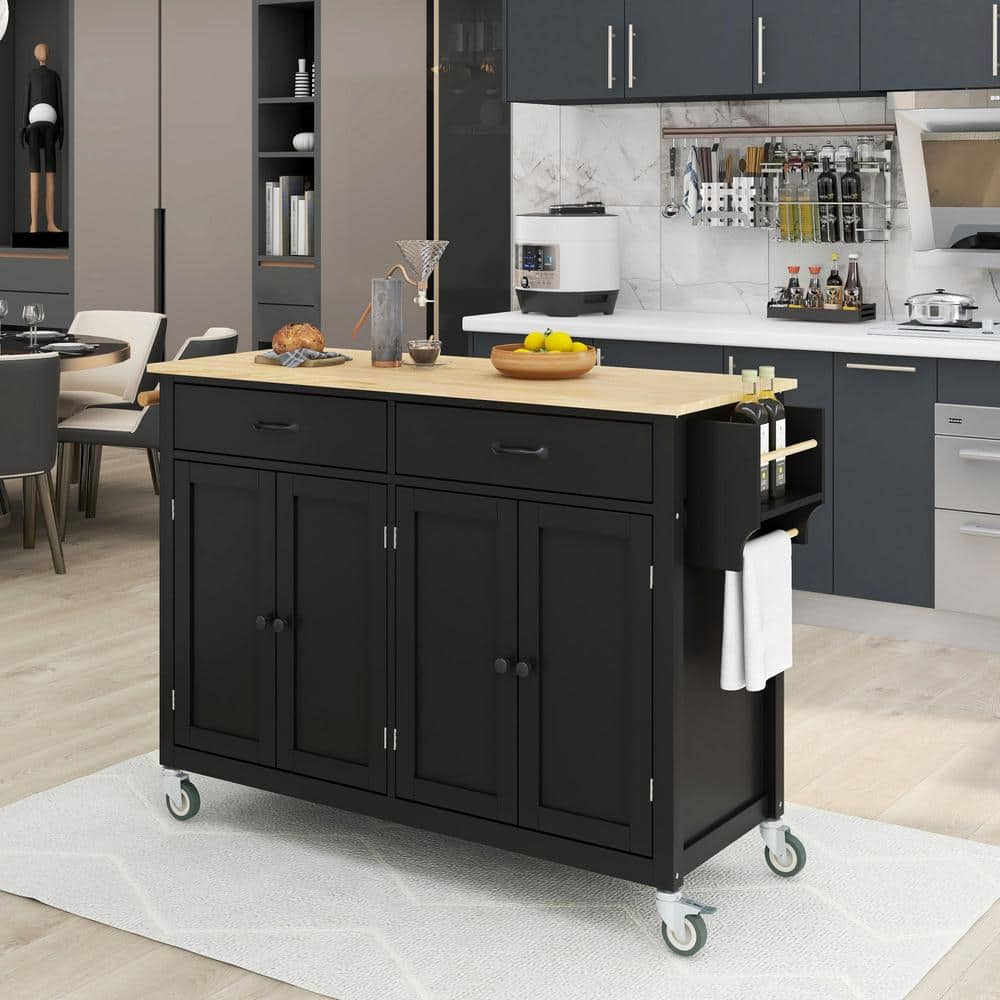 Harper & Bright Designs Black Kitchen Cart with Solid Rubber Wood Top, 4-Door Cabinets, 2-Drawers, Spice Rack and Towel Holder