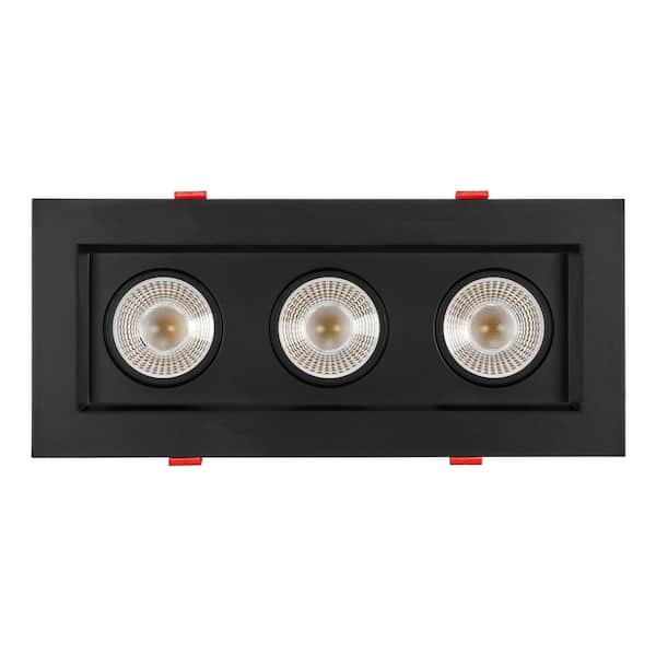 4 in. 3 Head LED Slim Square Recessed Anti-Glare Gimbal Downlight Black Canless IC Rated, 3000 Lumens, 5 CCT 2700K-5000K