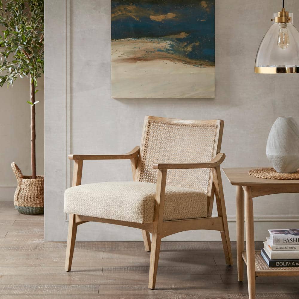 Light Brown Wood and Cane Mid-Century Accent Chair