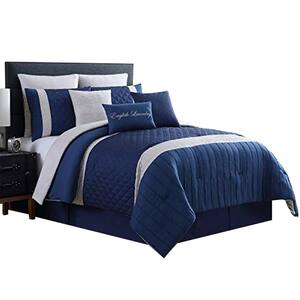 Basel 9- Piece Blue and White Solid Print Microfiber Queen Comforter Set