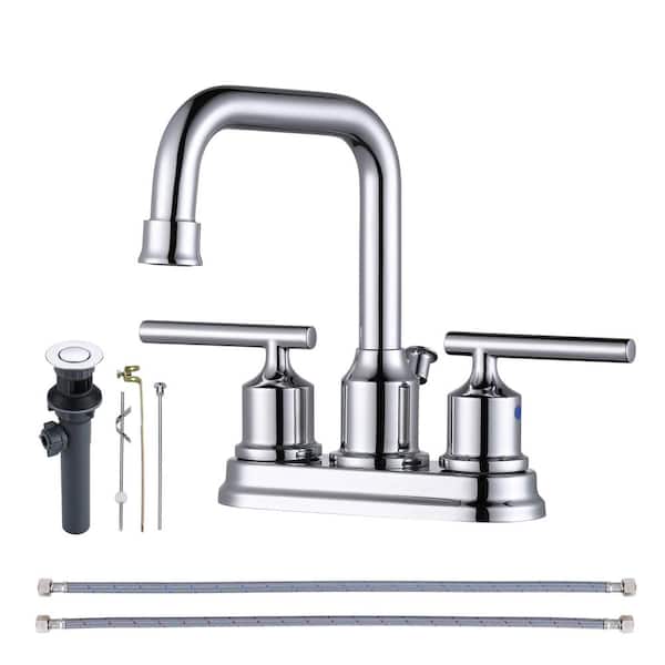 IVIGA 4 in. Centerset Double Handle Bathroom Faucet with Swivel Spout, Lift Rod Drain and Supply Lines in Polished Chrome