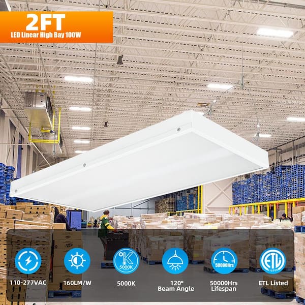Honbei 2FT. 500-Watt Equivalent Integrated LED White High Bay Shop Light, 5000K Linear Hanging Light for Warehouse, ETL 2 Pack