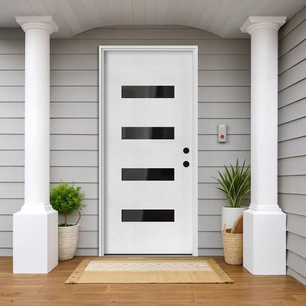 36 in. x 80 in. 4 Lite White Finish Left-Hand Inswing Frosted Glass Fiberglass Prehung Front Door with Hinge, Threshold