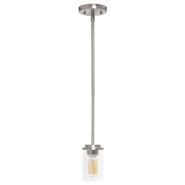 Lalia Home 5.75 in. 1-Light Brushed Nickel Standard Pendant Industrial Farmhouse Adjustable Hanging Clear Cylinder Glass