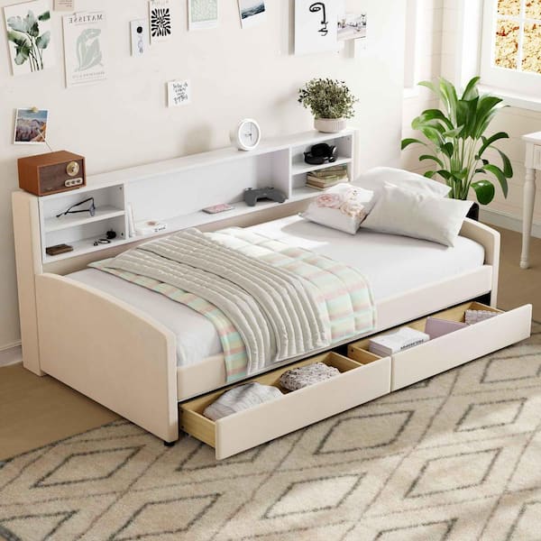Beige Wood Frame Twin Size Platform Bed with Storage and Drawers
