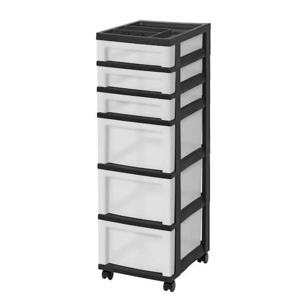 IRIS 14.25 in. D x 12.05 in. W x 37.75 in. H 6-Drawer Storage Cart with Organizer Top in Black and Pearl