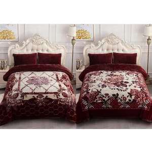 Dark Red Floral 2-Ply Reversible Polyester Fleece Mink 85 in. x 93 in. 10 lbs. Winter Blanket