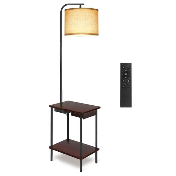 62 in. Walnut Dimmable Tray Table Standard Floor Lamp with USB Charging Port Plus AC Outlet, Drawer and Remote Control