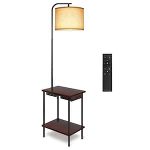 62 in. Walnut Dimmable Tray Table Standard Floor Lamp with USB Charging Port Plus AC Outlet, Drawer and Remote Control