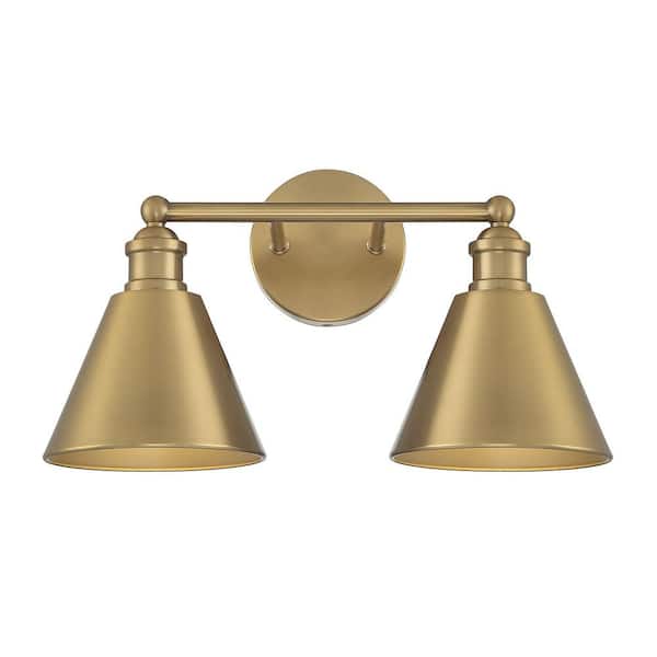 TUXEDO PARK LIGHTING 17 in. W x 10 in. H 2-Light Natural Brass Bathroom Vanity Light with Metal Shades