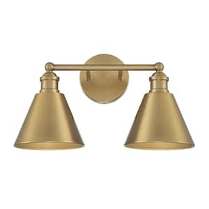 17 in. W x 10 in. H 2-Light Natural Brass Bathroom Vanity Light with Metal Shades