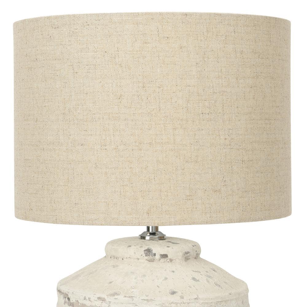 Distressed White Cement Table Lamp with Beige Linen Shade