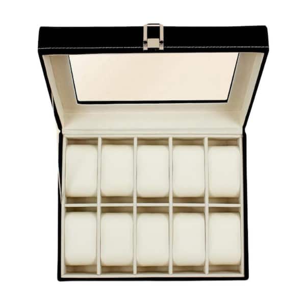 Unbranded 10-Slot Watch Box with Real Glass Lid & PU Leather for Men/Women, Black, 10.04 in. x 8 in. x 3.54 in.