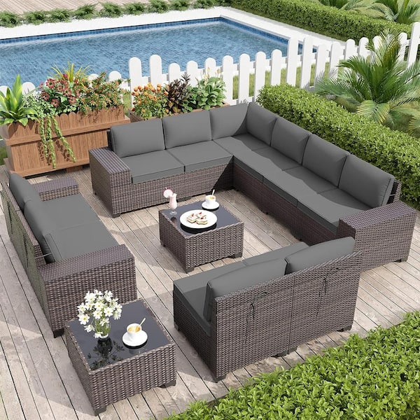 Halmuz 12-Piece Wicker Outdoor Sectional Set with Cushion Gray