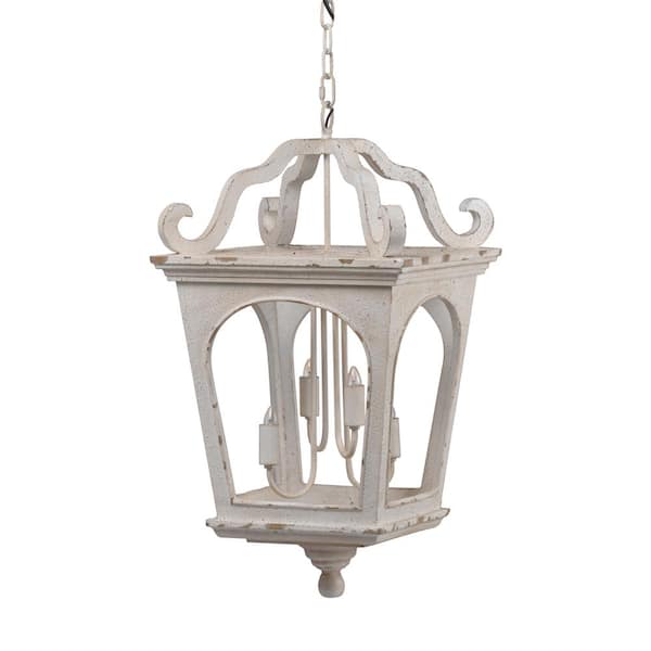 cenadinz 60-Watt 4-Light Cream White Wood Chandelier Hanging Light Fixture for Dining Living Room No Blub E12