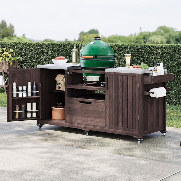 66 in. W x 23 in. D x 34 in. H Brown Solid Wood Outdoor Kitchen Island Grill Cart Outdoor Bar for Tabletop Grill