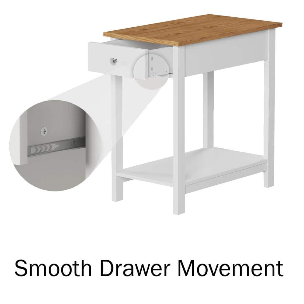 White and Honey Oak Slim End Tables with Drawer, Set of 2