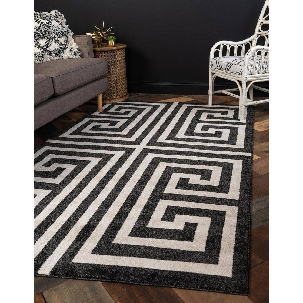 Black and Beige Geometric Rectangular Synthetic Area Rug