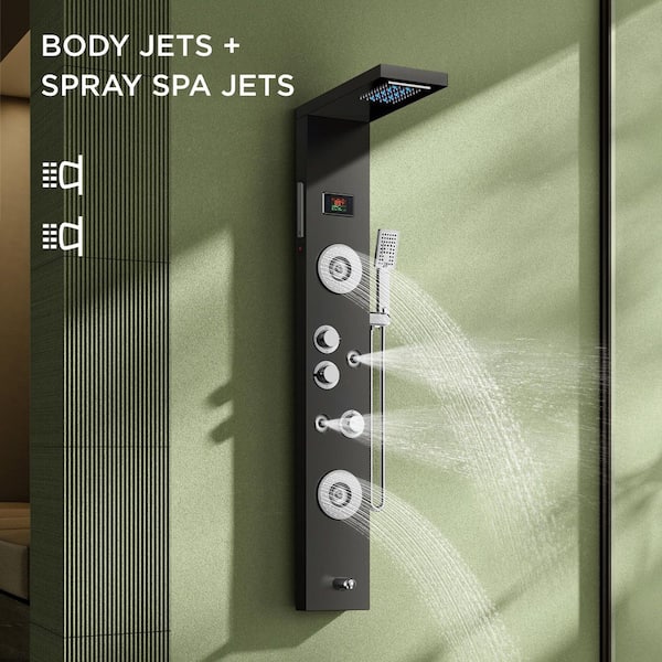 6-Jets LED Rainfall Waterfall Shower Head Rain Massage System with Body Jets Bathroom Shower Panel Tower System in Black