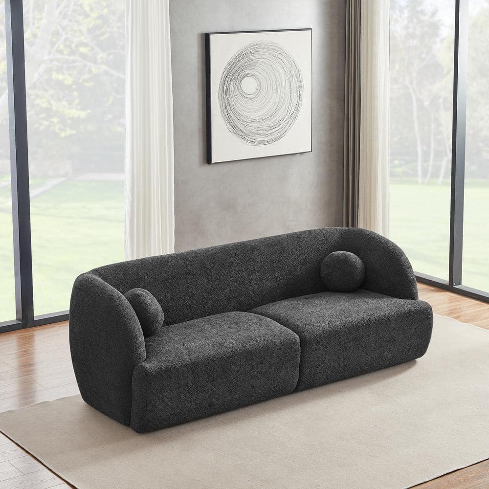 Gray Boucle Fabric Curved 3-Seat Sofa with Walnut Legs