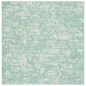 Courtyard Green Blue/Ivory 7 ft. x 7 ft. Distressed Abstract Indoor/Outdoor Patio  Square Area Rug