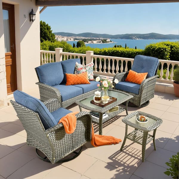 Noah Gray 5-Piece Wicker Outdoor Patio Conversation Sofa Seating Set with Rocking Chairs and Denim Blue Cushions