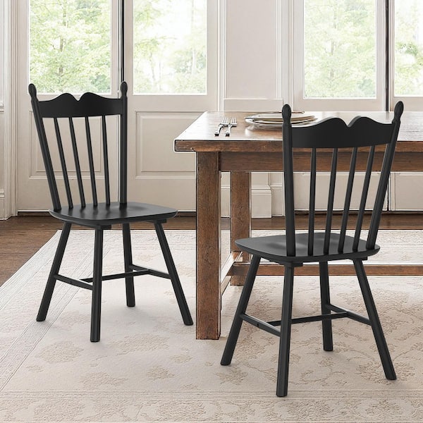 17 in. Black Wave Spindle Back Classic Windsor Dining Chair Solid Wood Armless Farmhouse Dining Chair (Set of 2)