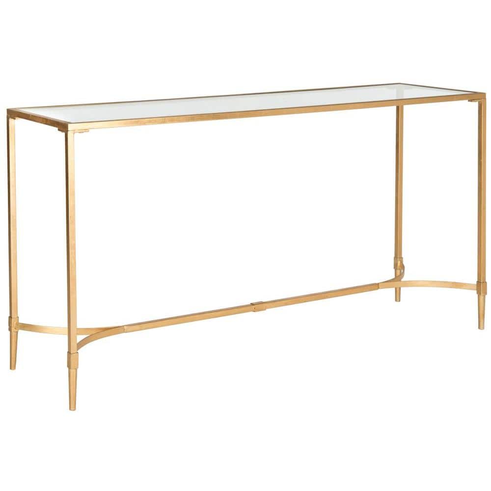 Elegant Transitional Gold Iron & Glass Rectangular Console Table with Storage