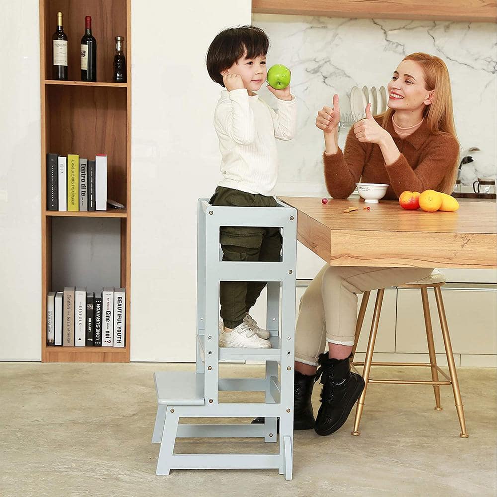 Gray Adjustable Height Wooden Kitchen Step Stool for Kids