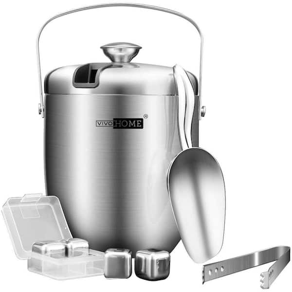VIVOHOME 3 qt. Silver Stainless Steel Double Wall Insulated Ice Bucket Set with Lid Tongs Scoop