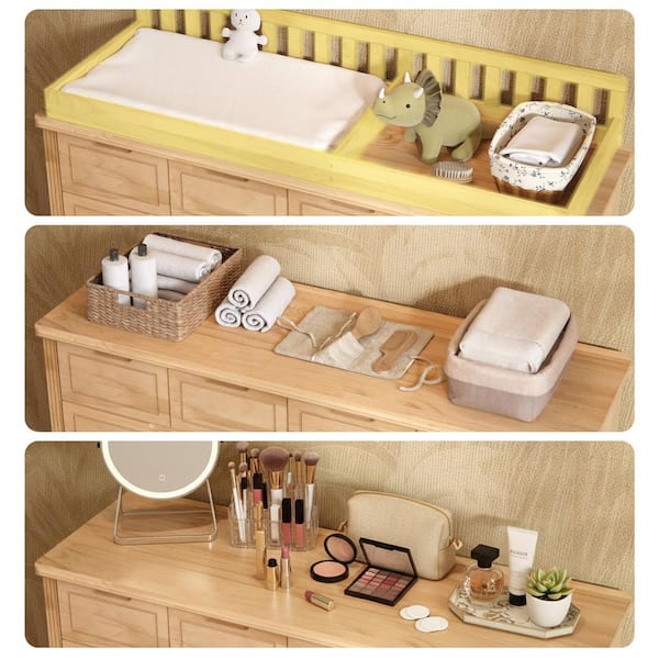 55.1 in. W Natural 100% Solid Pine Wood Infant Changing Table with Removable Safety Guard Rail 10-Drawer Nursery Dresser