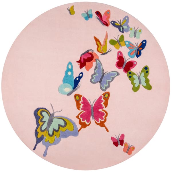 Momeni Lil Mo Whimsy Butterfly Pink 5 ft. x 5 ft. Indoor Kids Round Area Rug