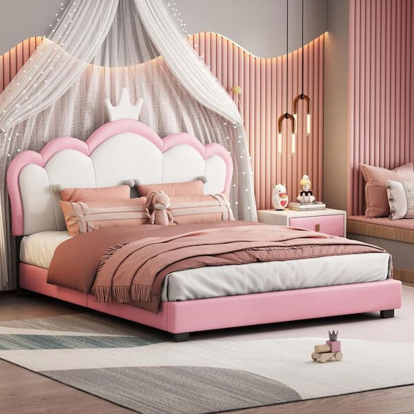 Harper & Bright Designs Pink and Cream Full Size PU Upholstered Princess Platform Bed with Crown Headboard