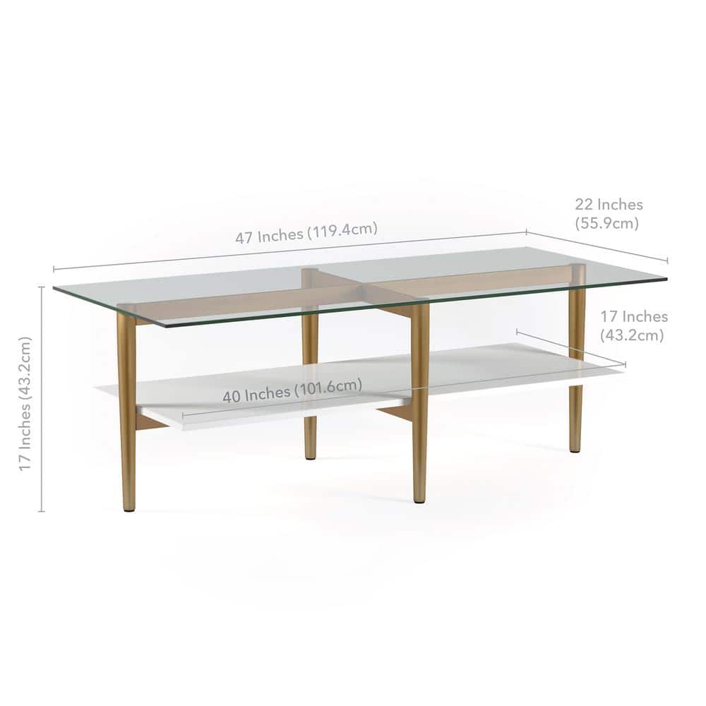 Mid-Century 47" Brass and White Lacquer Coffee Table with Glass Top