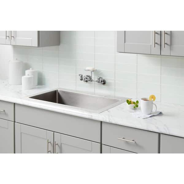 Double-Handle Wall Mount Kitchen Faucet with Soap Dish in Polished Chrome Finish