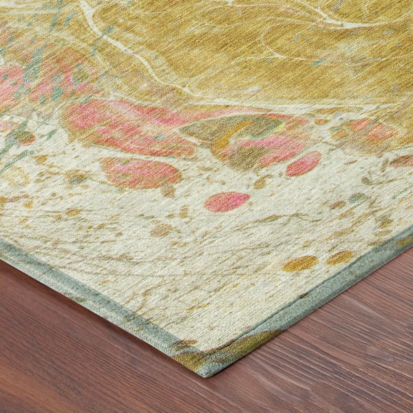 Chantille Machine Washable Indoor/Outdoor Abstract ACN2731 Gold 8 ft. x 8 ft. Round Rug