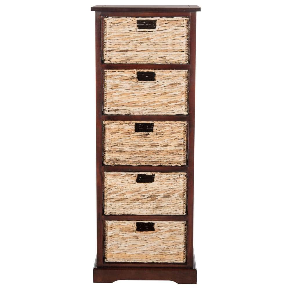 Cherry Pine 5-Drawer Wicker Basket Storage Tower