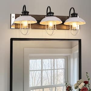 24 in. 3 Light Chrome and Wood Grain Modern Unique Bell Vanity Light for Bathroom, Kitchen with White Metal Shades