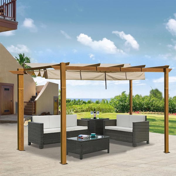 9 ft. x 13 ft. Wood-Looking Aluminum Frame Retractable Pergola with Weather-Resistant Canopy