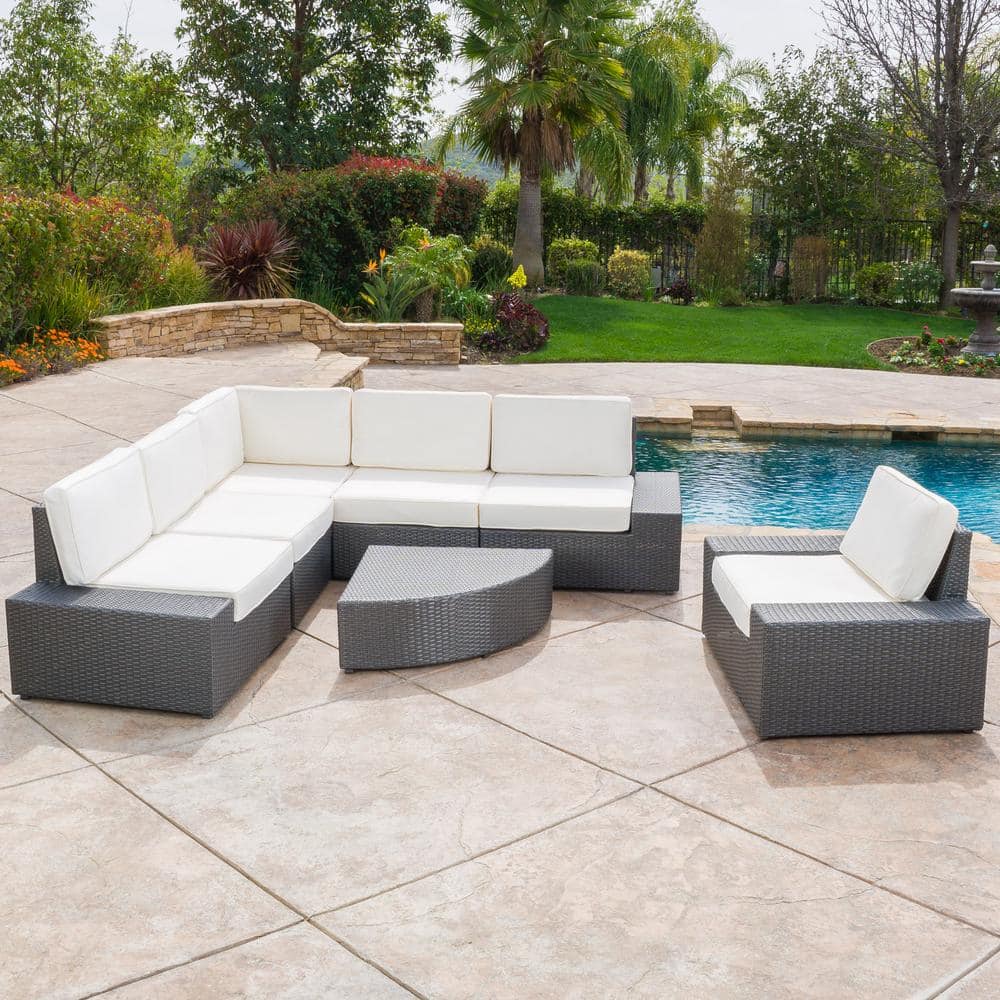 Noble House Santa Cruz Grey 7 Piece Wicker Outdoor Sectional Set