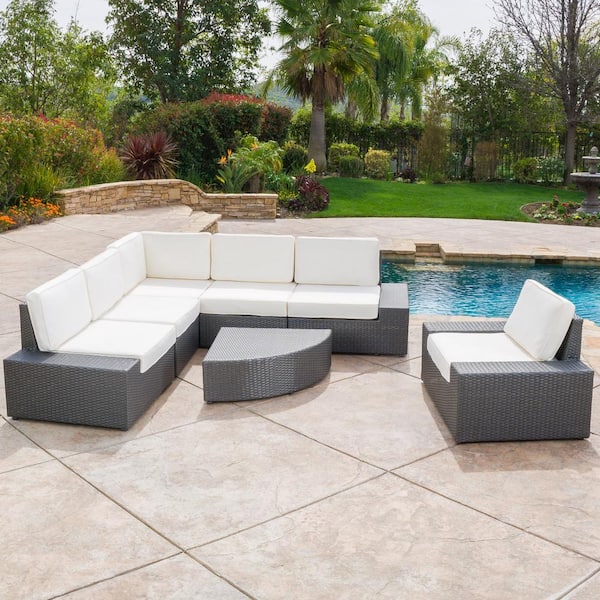 Noble House Santa Cruz Grey 7-Piece Wicker Outdoor Patio Sectional Set with White Cushions