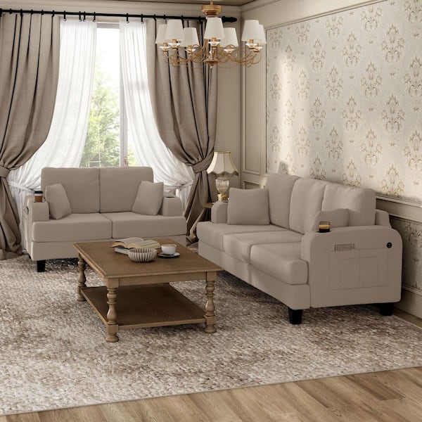 Colby 2-Piece Beige Boucle Fabric Small Space Living Room Set with USB Ports and Cup Holders