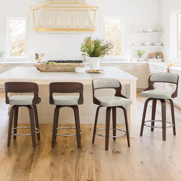 OrangeOne Edwards 26 in.Cream Gray Faux Leather Swivel Bar Stool with Solid Walnut Wood Frame Bentwood Counter Stool 4-pack