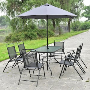 8-Piece Gray Outdoor Patio Folding Rectangular Table and Chair Set with Umbrella